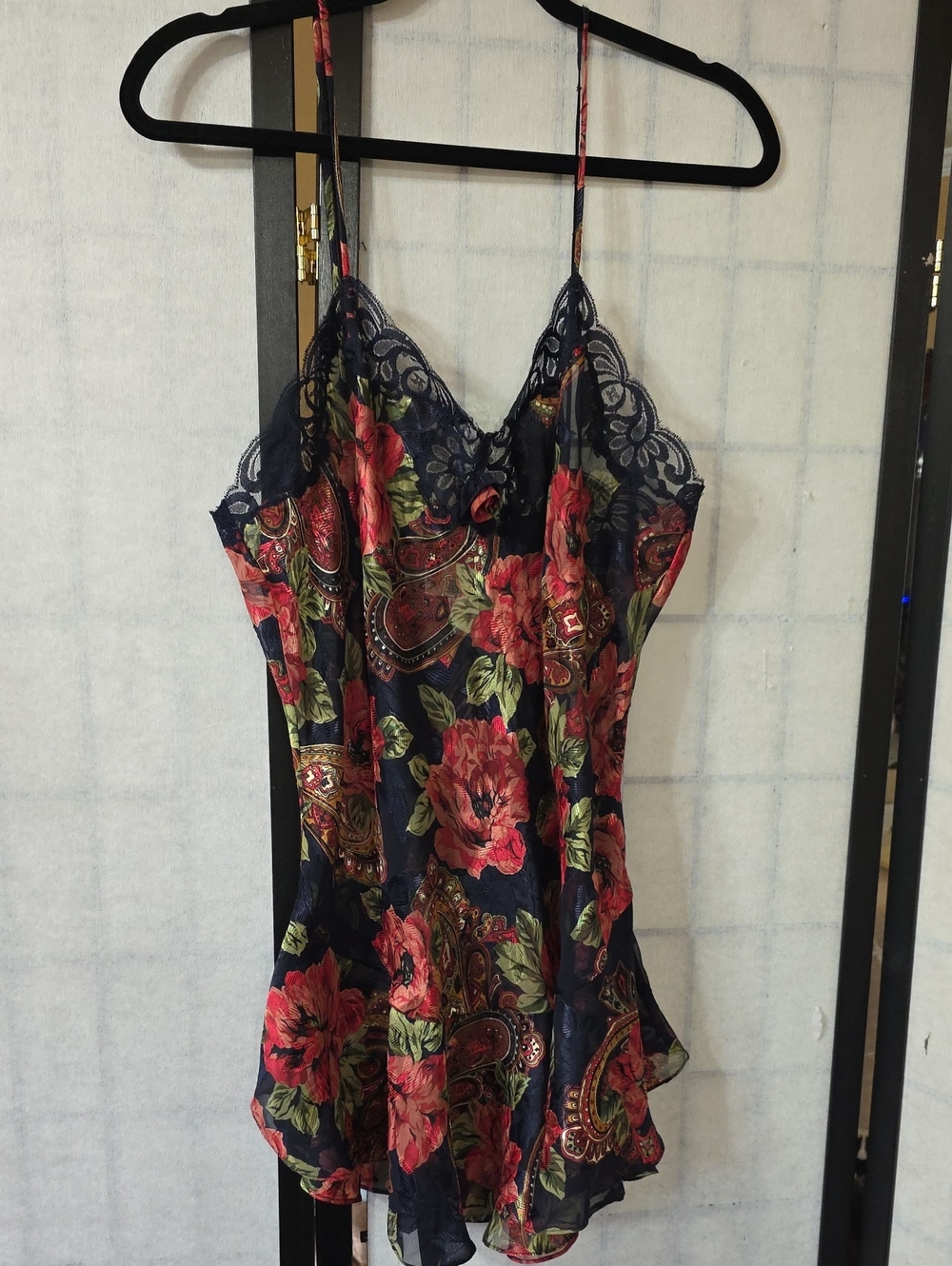 Victoria Secret Nightie Dark Blue Lace Trim Floral Short Lingerie Sexy Gown L